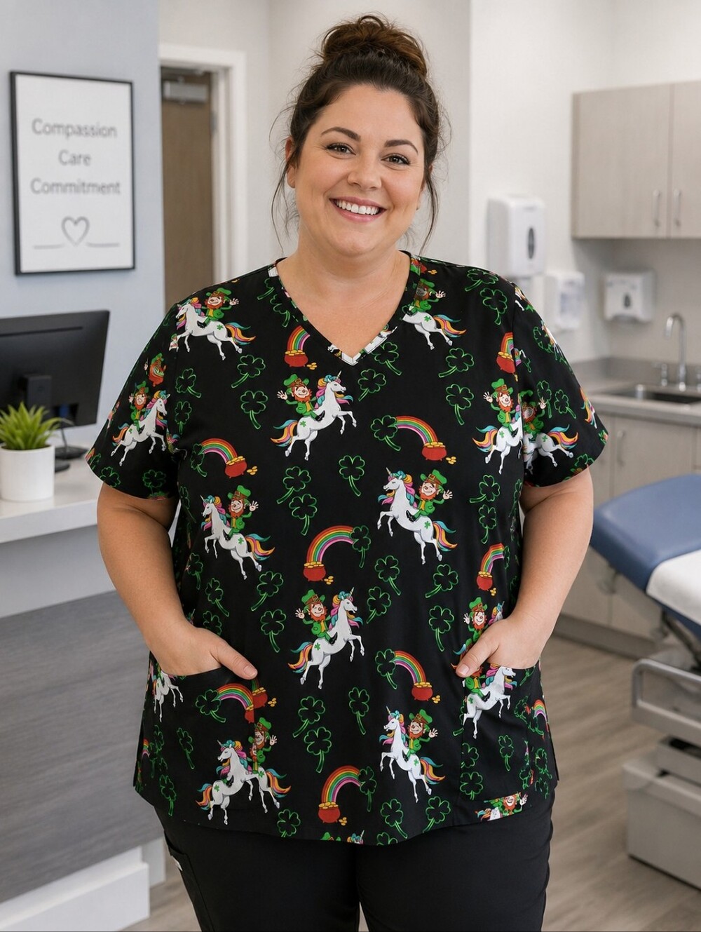Scrubstar Womens 3XL St. Patricks Day Unicorn Leprechaun Scrub Top Black Plus Sz